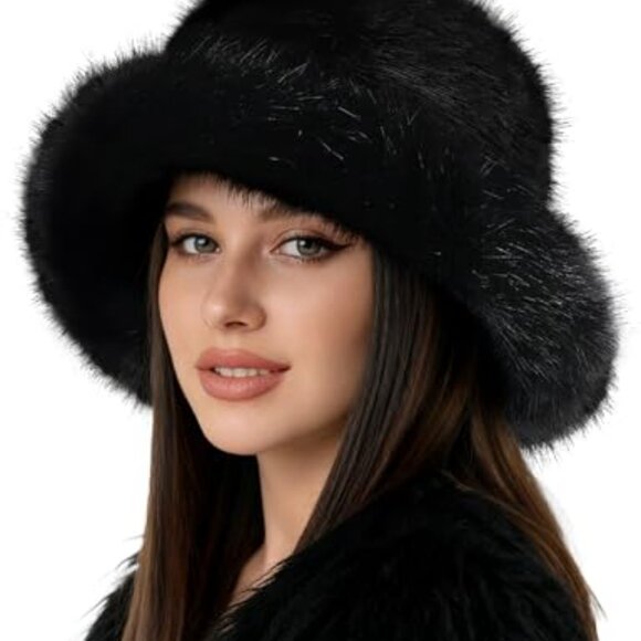 Faux Fur Bucket Hat Wide Moldable Brim Winter Fisherman Cap Plush Warm main image 7